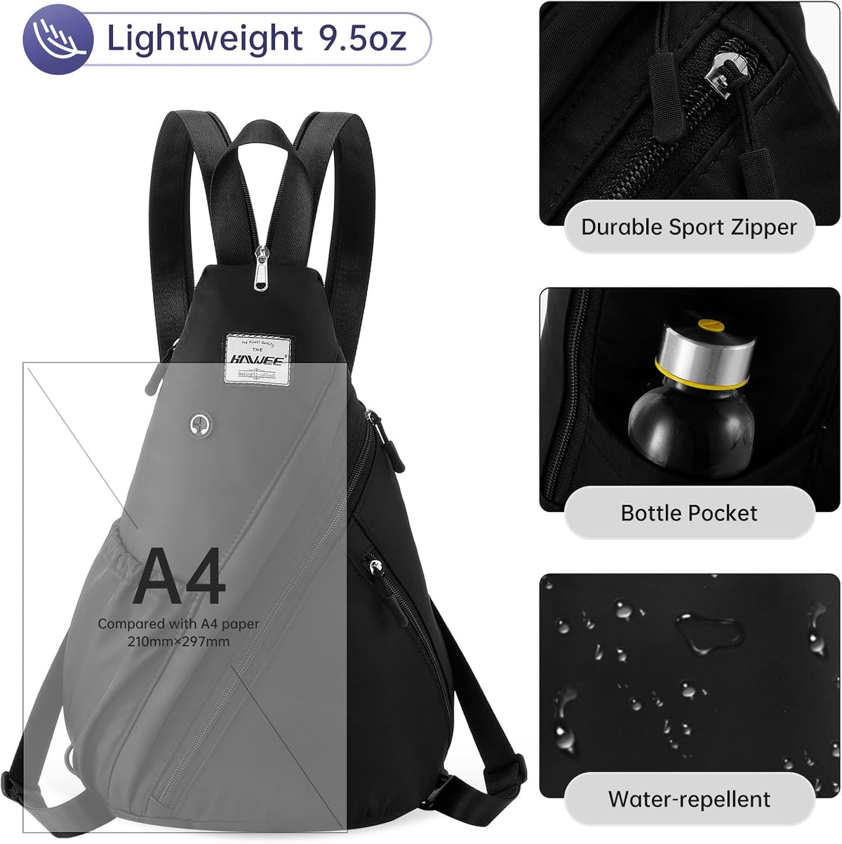 Women's Crossbody Rope Sling Bag - Convertible Chest Bag & Casual Daypack, Water-Resistant Backpack for Travel, Cycling, Hiking, Black
