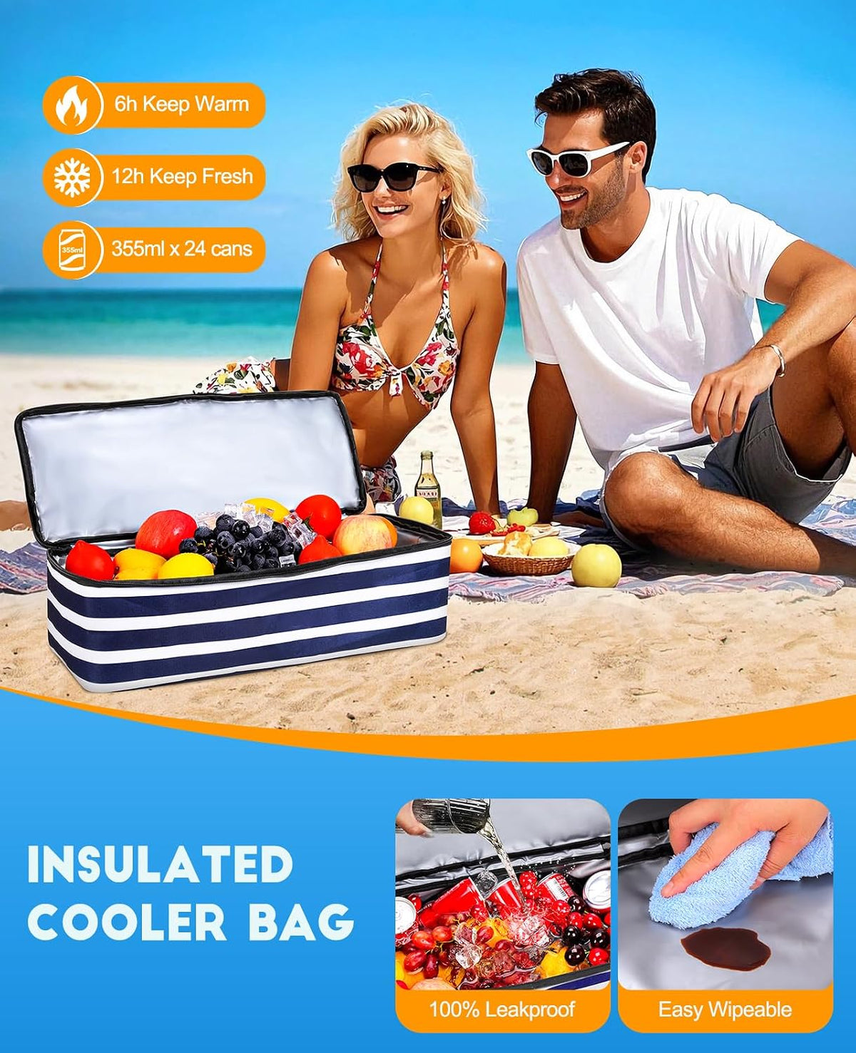 ISEYOU Beach Bag with Cooler, 49L Large Waterproof Sandproof Tote with Zipper, Foldable Travel Bag for Beach, Pool, Picnic