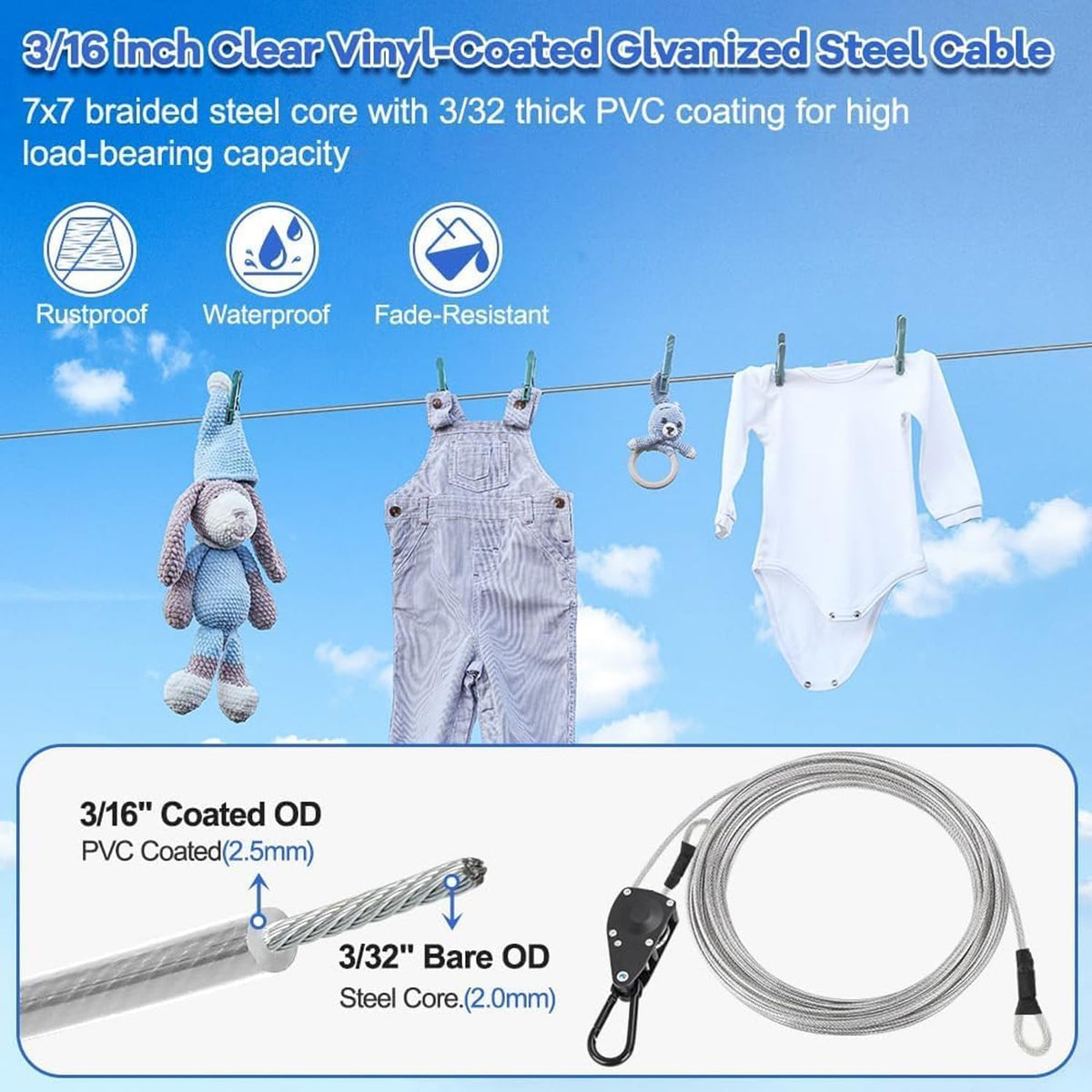 TooTaci Outdoor Clothesline Kit with Self-Locking Pulley, 15FT 3/16" Cable