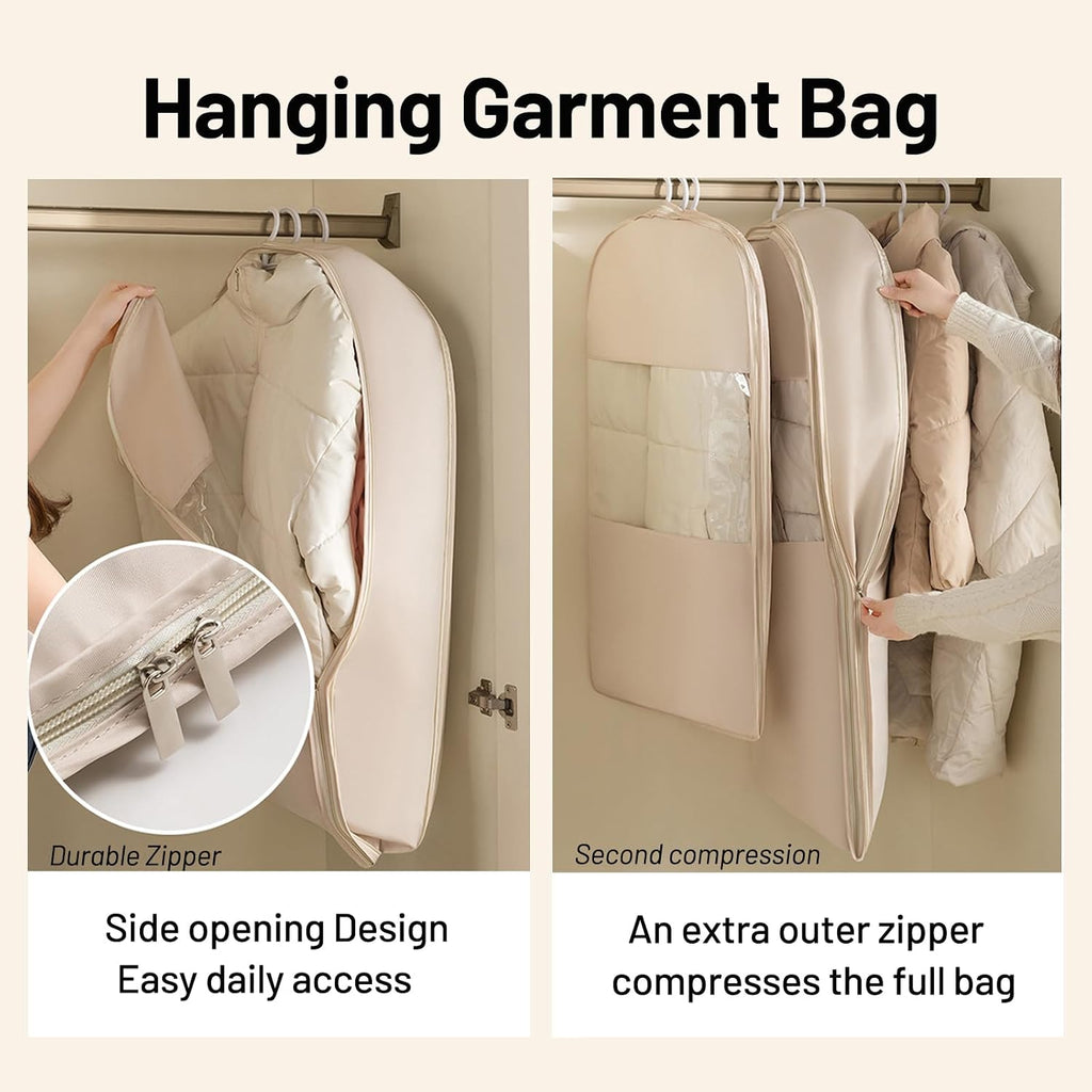 Space Saving Hanging Compression Garment Bag with Zipper for Closet Storage, Hanging Clothes Storage Bag, Garment Covers for Coats and Down Jackets, Gray, M