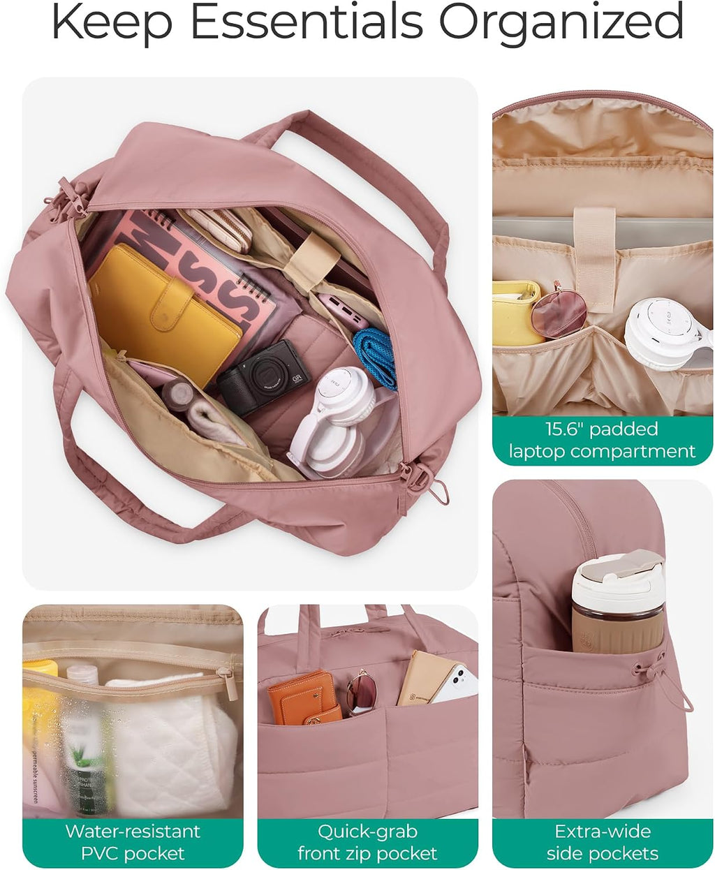 BAGSMART Gym Bag for Women, 2-PC Puffer Travel Duffle Bag Carry On Tote Bag