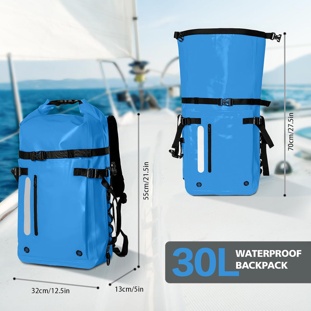 30L Roll Top Waterproof Floating Backpack, Equipment Pocket, Marine Floating Dry Bags for Kayaking Tracing Beach Fishing Hiking Survival Camping Travel (Blue)