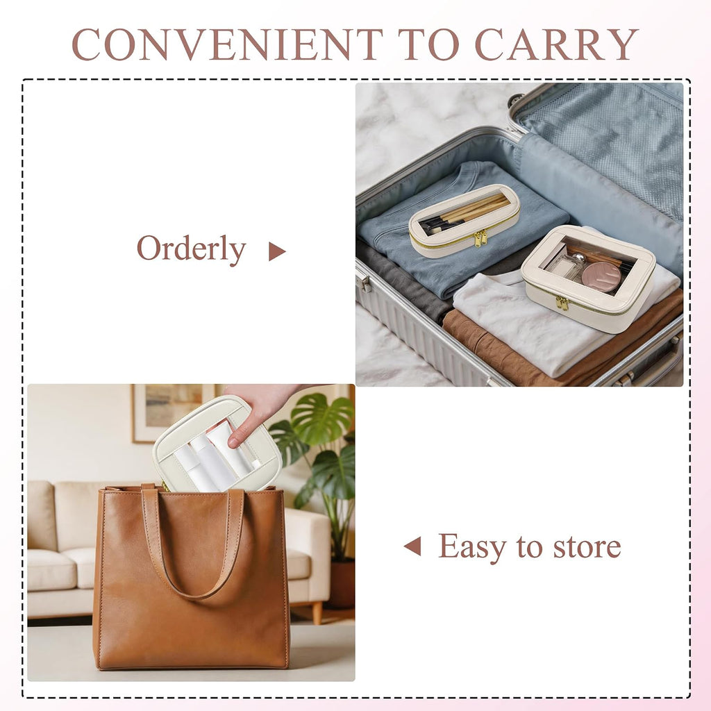 3-Piece Travel Clear Makeup Bag Set, Small Cosmetic Bag with Makeup Brush Case, Leather Waterproof TSA Approved Toiletry Bag with Zipper, Car Organization for Women (Beige-2, Mini+Slim+Medium)