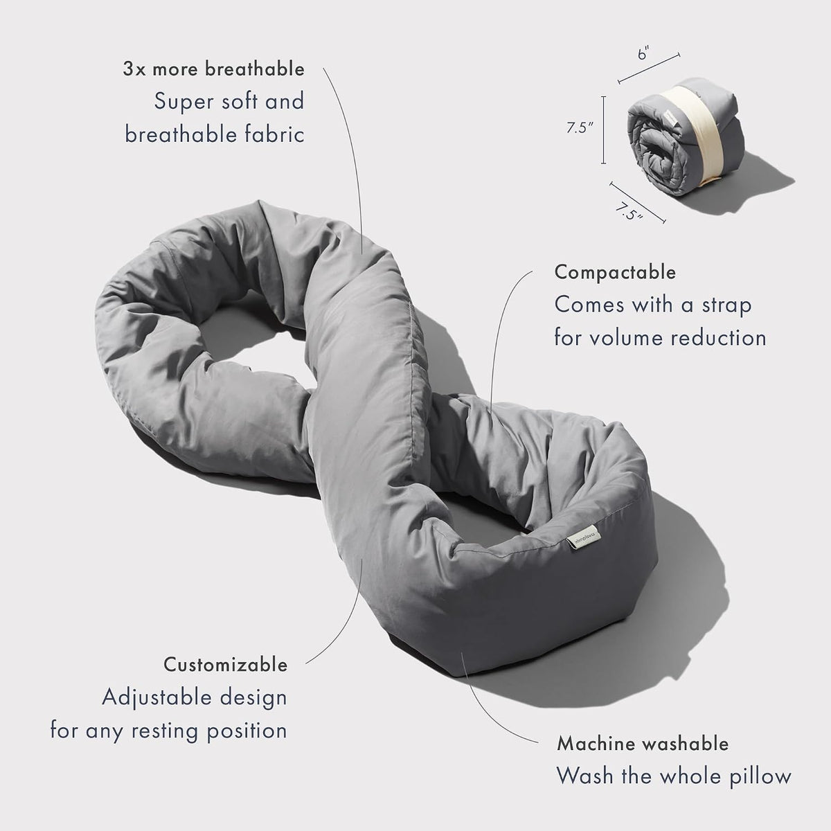Huzi Infinity Pillow - Home Travel Soft Neck Scarf Support Sleep (Grey)