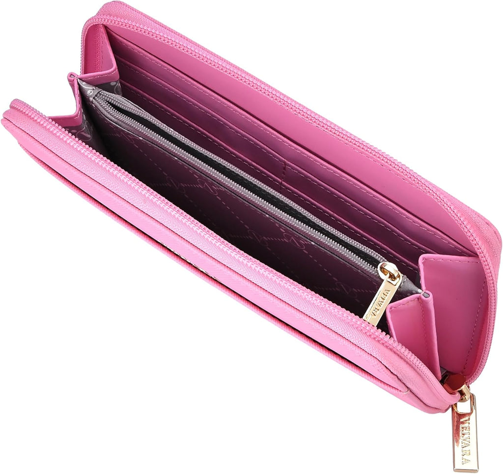 Women’s RFID Blocking Wristlet Wallet, Slim PU Leather Bifold Card Holder with Zip-Around Closure and Wrist Strap, Pink