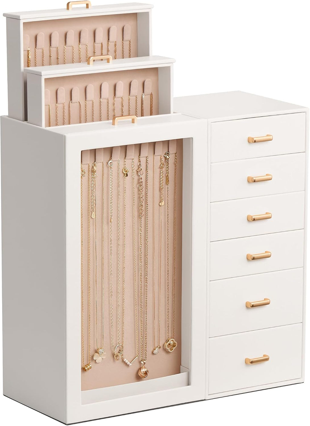 Lolalet Large Jewelry Box Organizer for Women, PU Leather Jewelry Case with Necklace Holder & Multiple Drawers, Tabletop Dresser Storage for Earrings Rings Chains, Gift for Girls -L, Beige