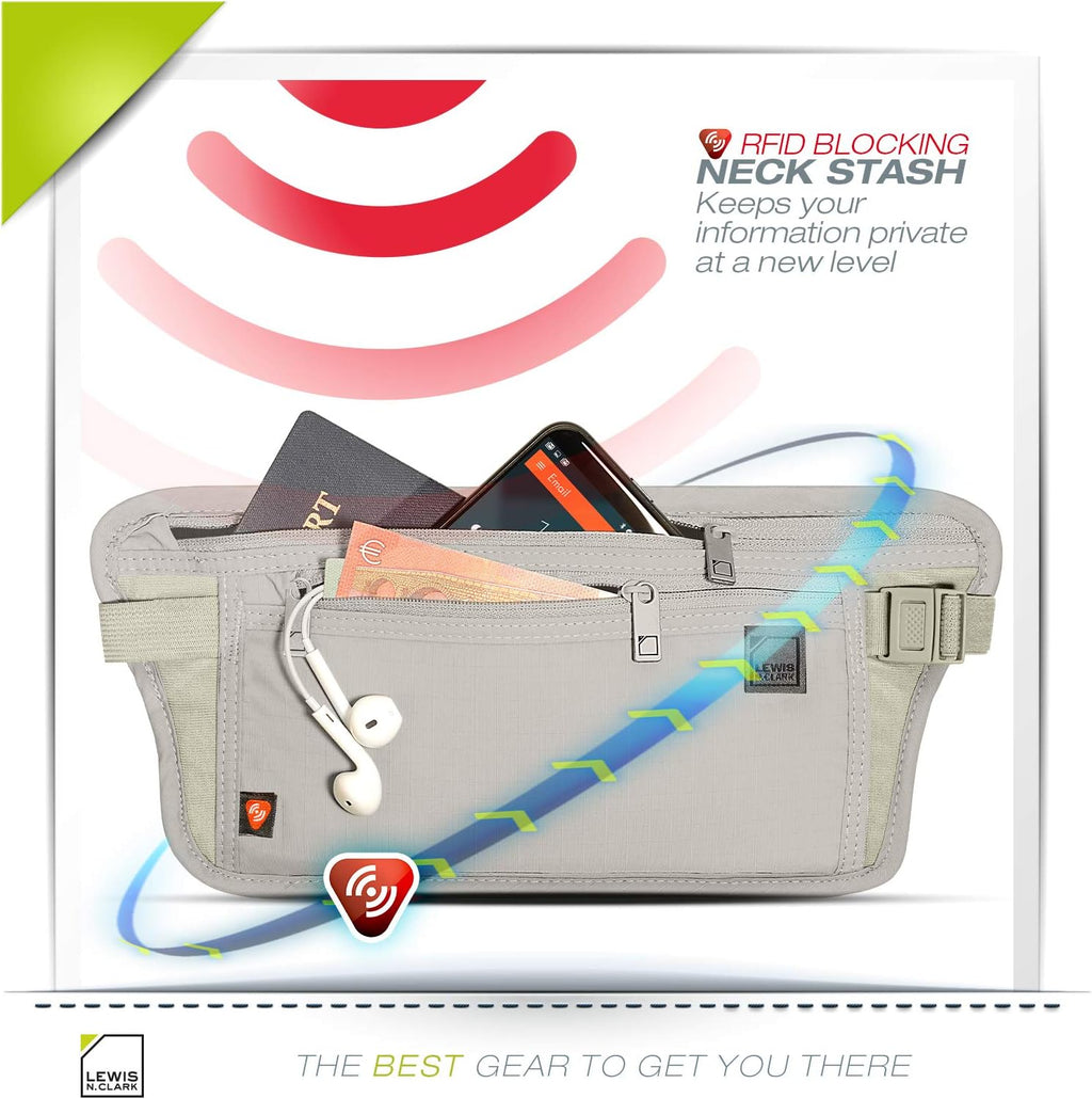 Lewis N. Clark Travel Money Belt Pouch, Slim RFID Blocking Anti Theft Waist Stash Pouches for Cash, Cards and Passport Holder