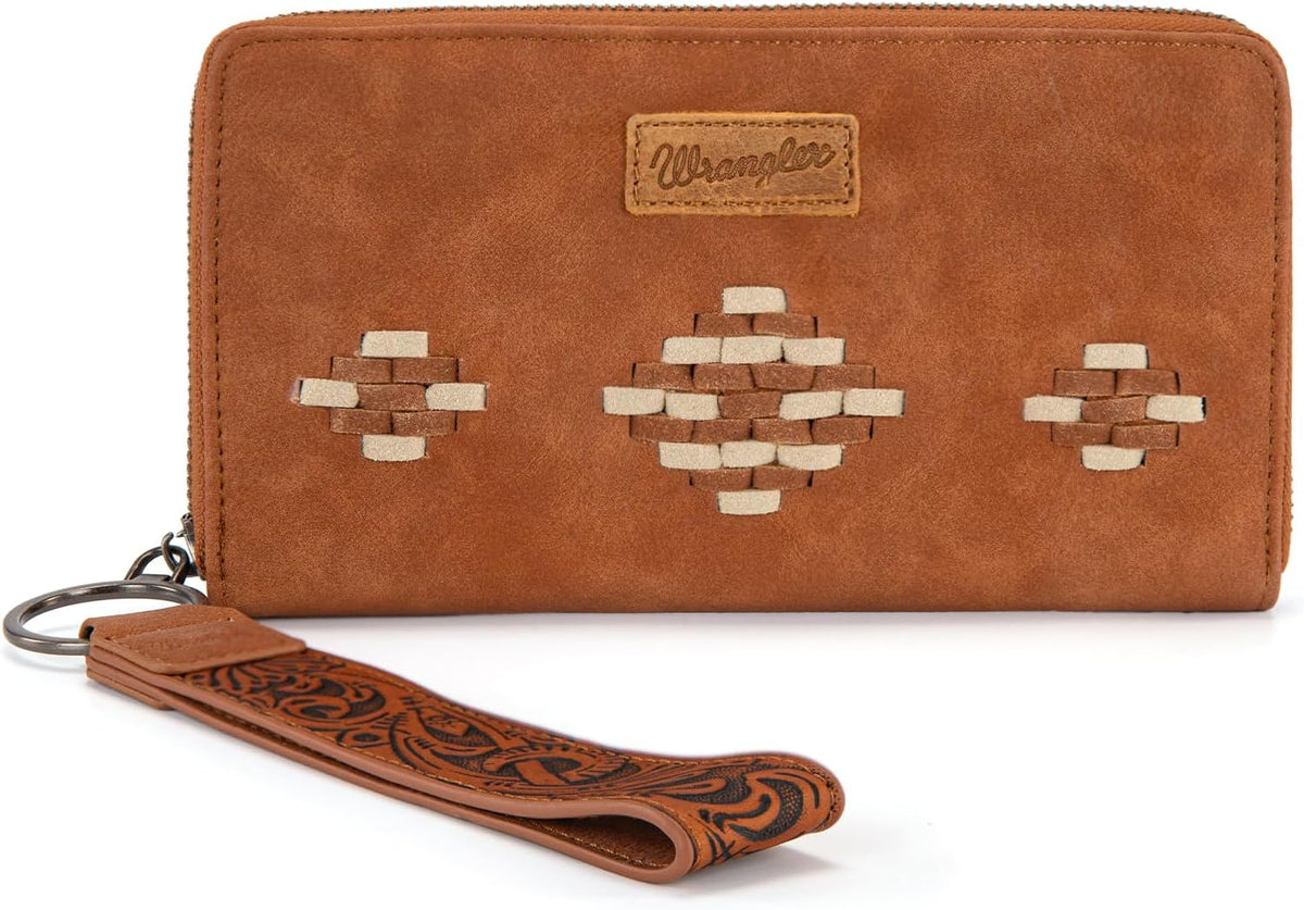Wrangler Wristlet Wallet, Women Clutch Purses RFID Blocking with Aztec Boho Western Wrist Strap, Wristlet Purse with Zipper Pocket Card Holder for Women Girls Casual Travel Daily, WG310-W006BR