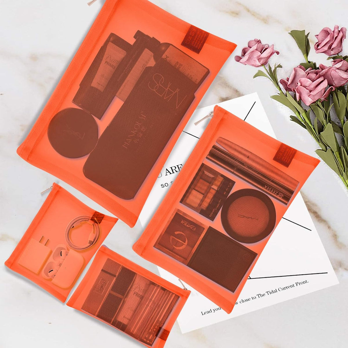 EASYFUN Mesh Pouch, Make up Bag with Zipper Cosmetic Organizer Pouch for Daily or Travel to Keep Small Items, 4 PCS Orange