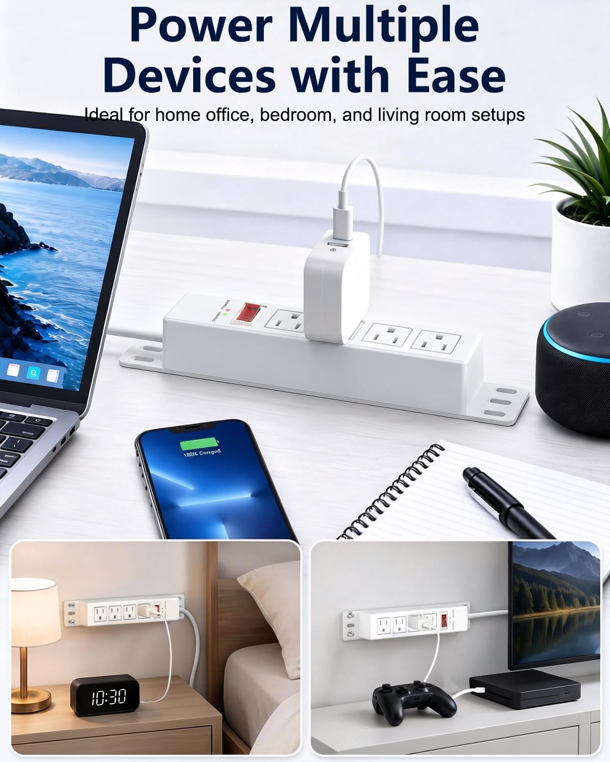 1500J Small Surge Protector Power Strip 4 Outlets 3 ft, White