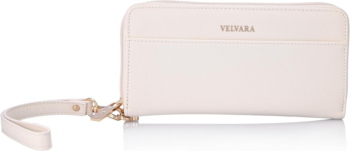 Women’s RFID Blocking Wristlet Wallet, Slim PU Leather Bifold Card Holder with Zip-Around Closure and Wrist Strap, Off White