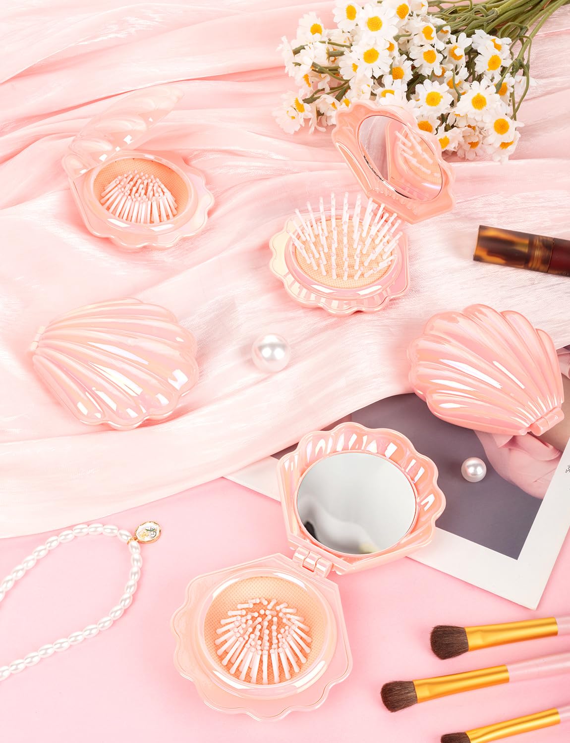 8 Pcs Foldable Travel Shell Hair Brush with Mirror