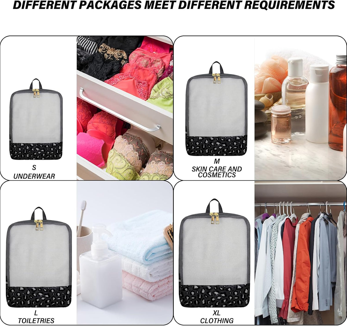 4 Set Packing Cubes Travel Luggage Organizers for Suitcase Travel Accessories for Women Girls Aesthetic Cute-Black Leopard Cheetah Pattern