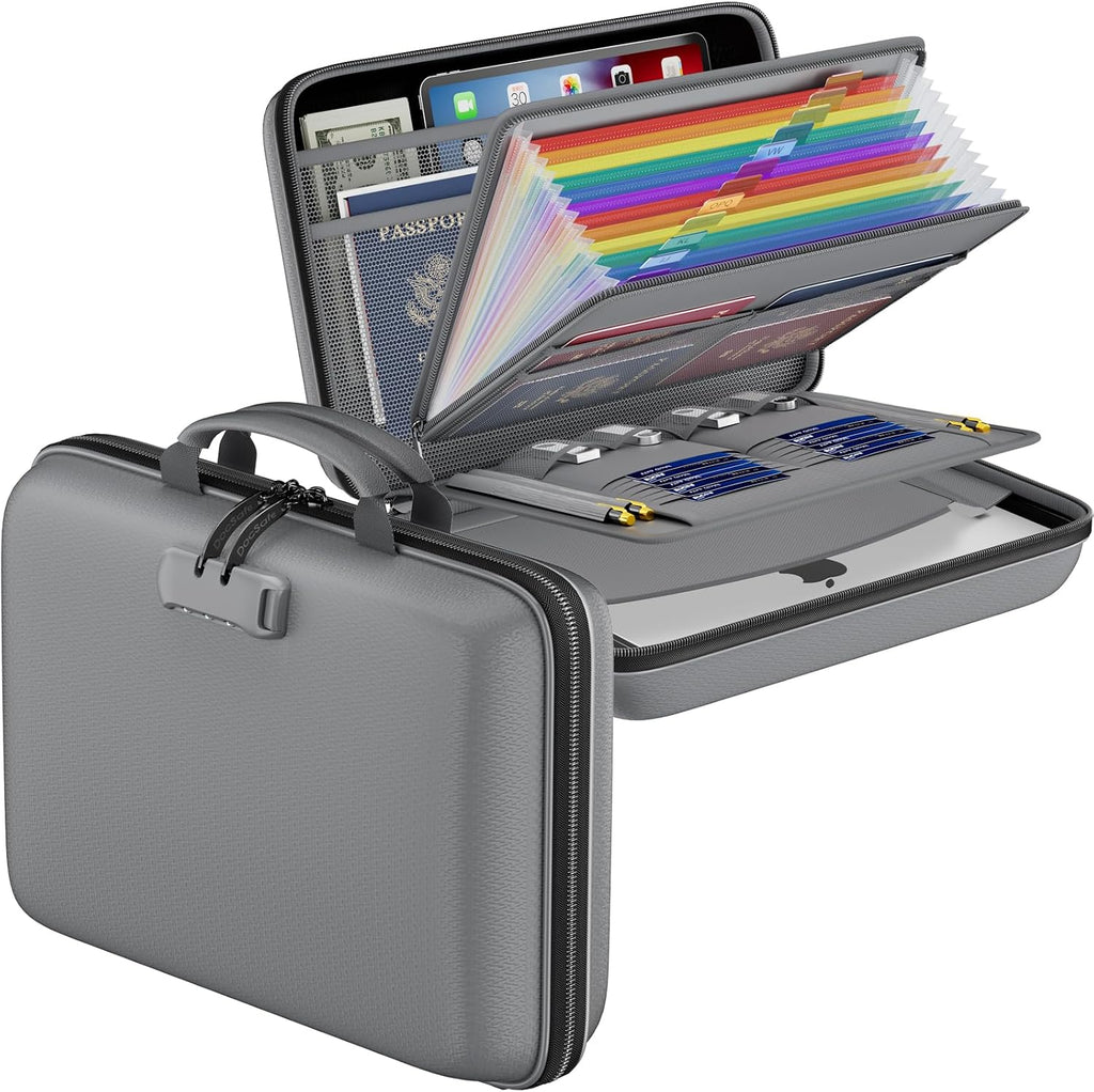 DocSafe Fireproof File Organizer with Lock, Hard-Shell Case Fireproof Document Box with 13 Pocket Accordion File Folder, Portable Home Office Travel Safe Storage for Important Documents Laptop Gray