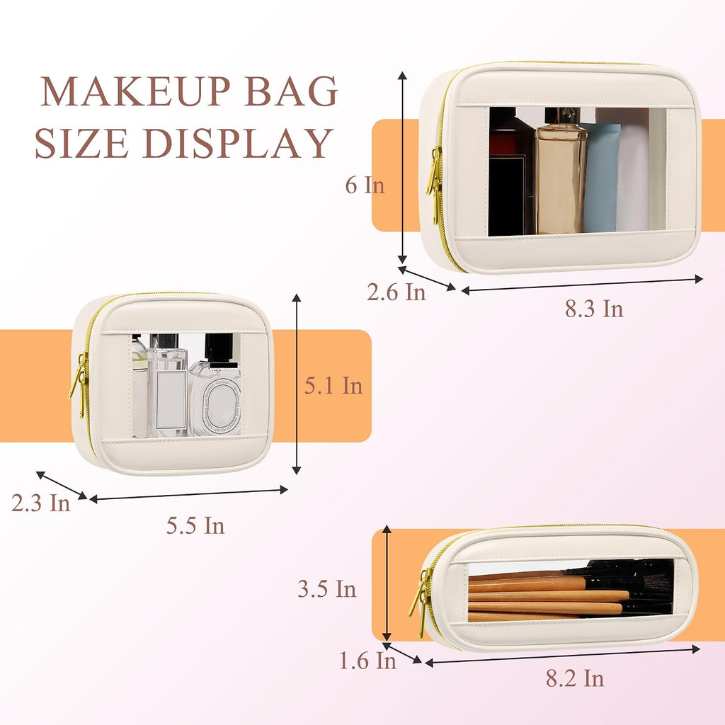 3-Piece Travel Clear Makeup Bag Set, Small Cosmetic Bag with Makeup Brush Case, Leather Waterproof TSA Approved Toiletry Bag with Zipper, Car Organization for Women (Beige-2, Mini+Slim+Medium)