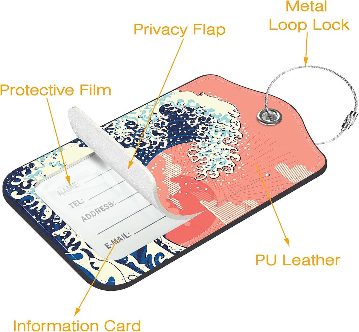 3 Pack PU Leather Luggage Tag for Suitcase Japanese Ocean Wave Suitcase Tags with Privacy Name ID Label and Stainless Steel Loop for Travel Bag
