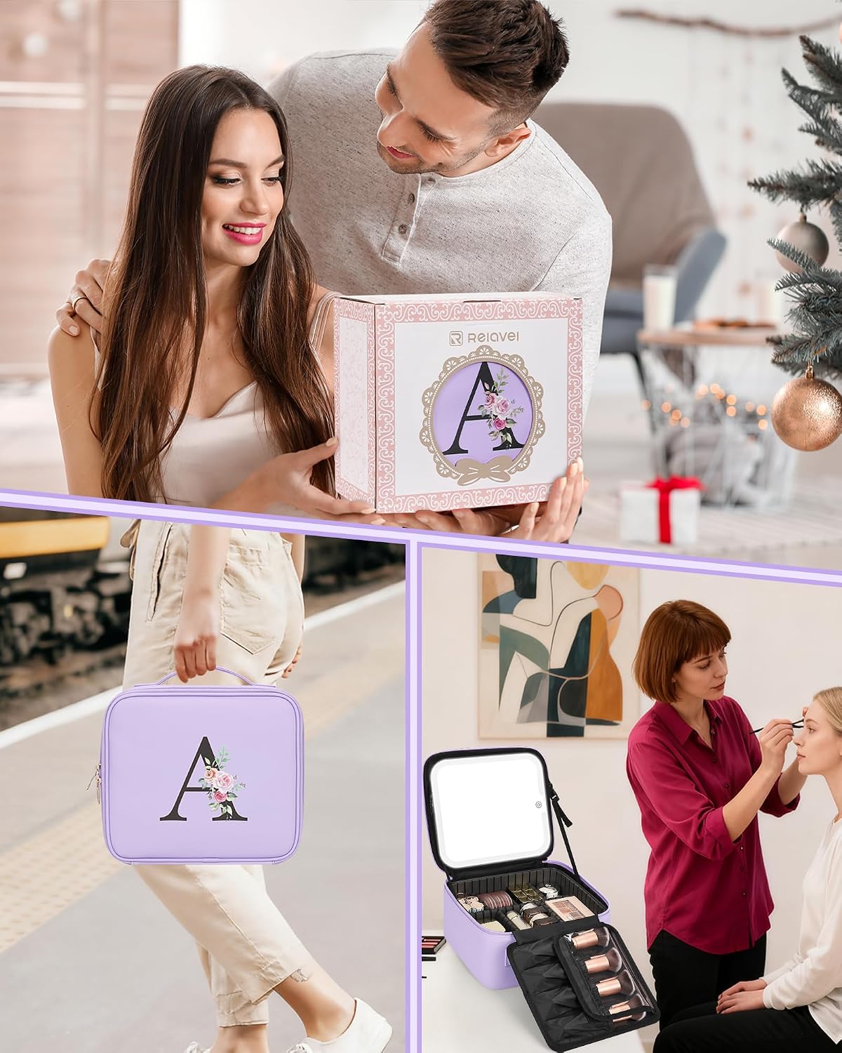 Relavel Initial Makeup Bag, Mothers Day Gifts for Mom, Birthday Gifts for Women, Makeup Case with LED Mirror, Monogram Cosmetic Bag Train Case, Personalized Gifts for Girls Friends Wife, Purple M