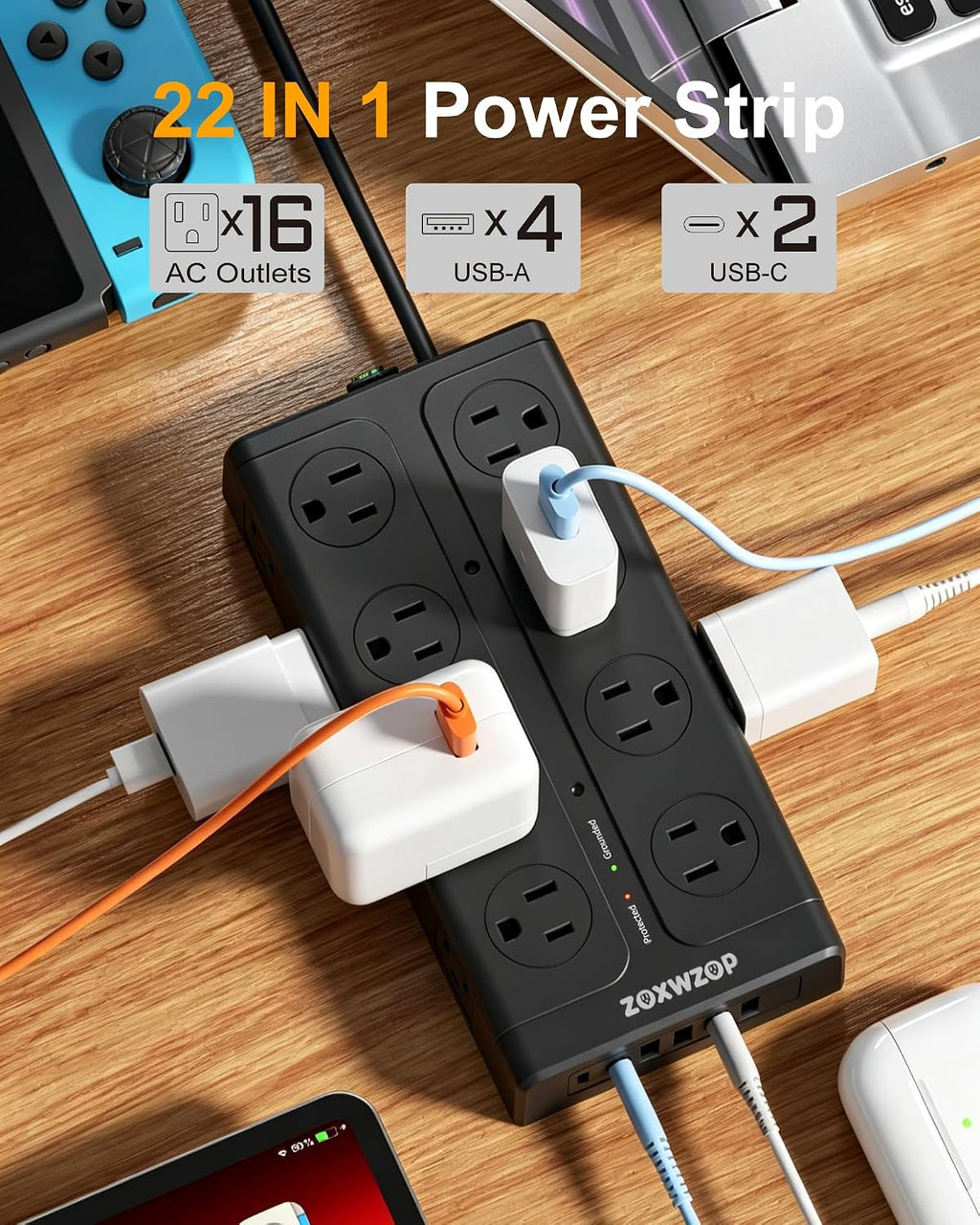 Surge Protector Power Strip 6Ft Extension Cord with 6 USB & 16 Outlets