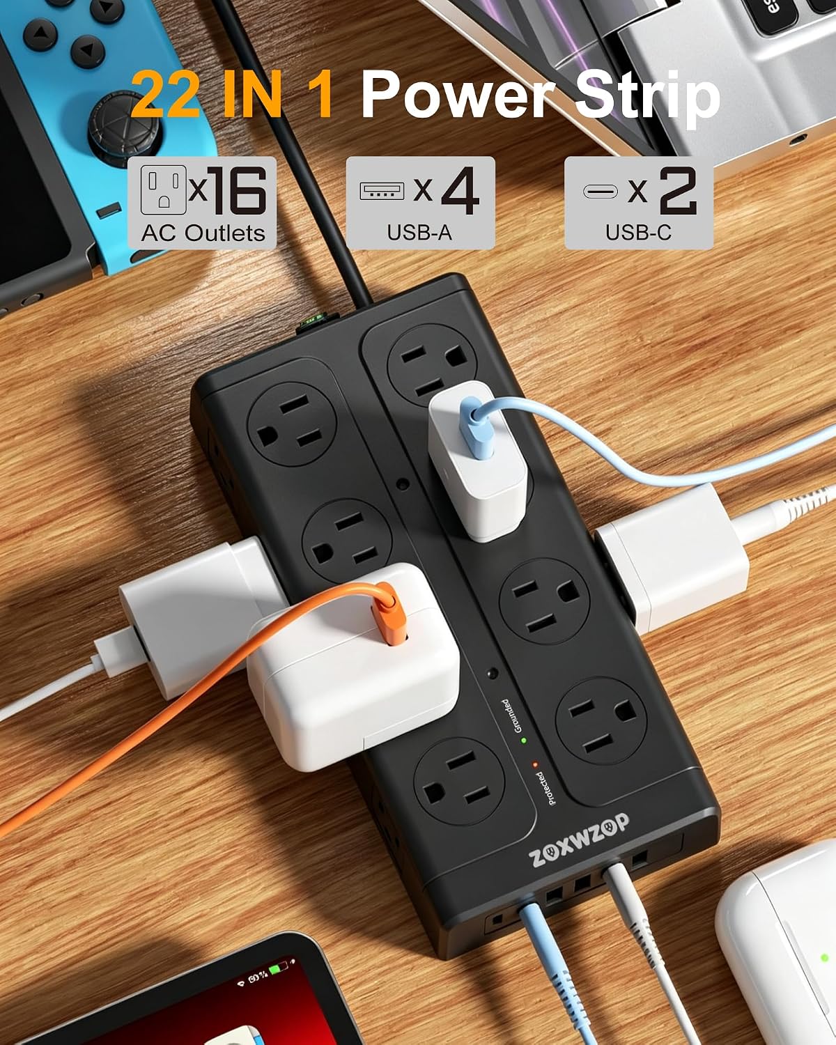 Surge Protector Power Strip 6Ft Extension Cord with 6 USB & 16 Outlets