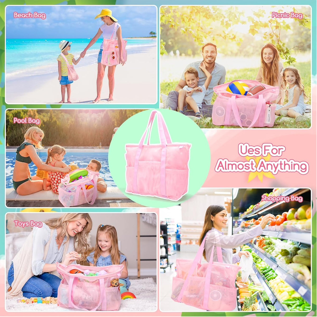 Tagitary Mesh Beach Bag with Zipper and 8 Pockets Yellow & Pink, Large Beach Tote Waterproof Sandproof for Camping Sports Pool Swim Bag Foldable Beach Accessories Storage Travel Bag