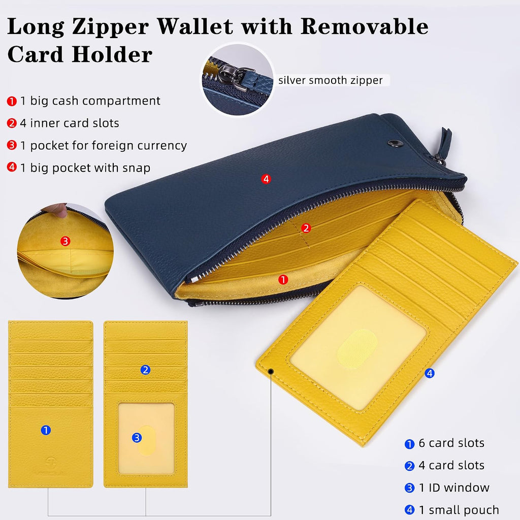 VISOUL Long Zipper Cash Wallet for Women with Removable Credit Card Holder Soft Genuine Pebbled Leather Contrast Color-Blue and Yellow