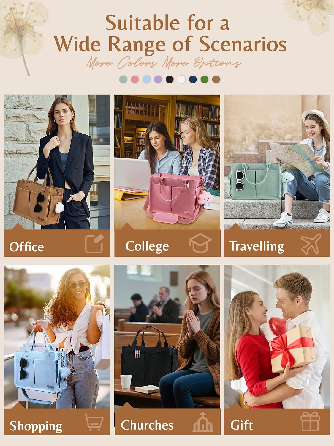 BESBESME Canvas Tote Bag for Women with Zipper, Work Laptop Purse with Compartments & Luggage Sleeve, Adjustable Strap