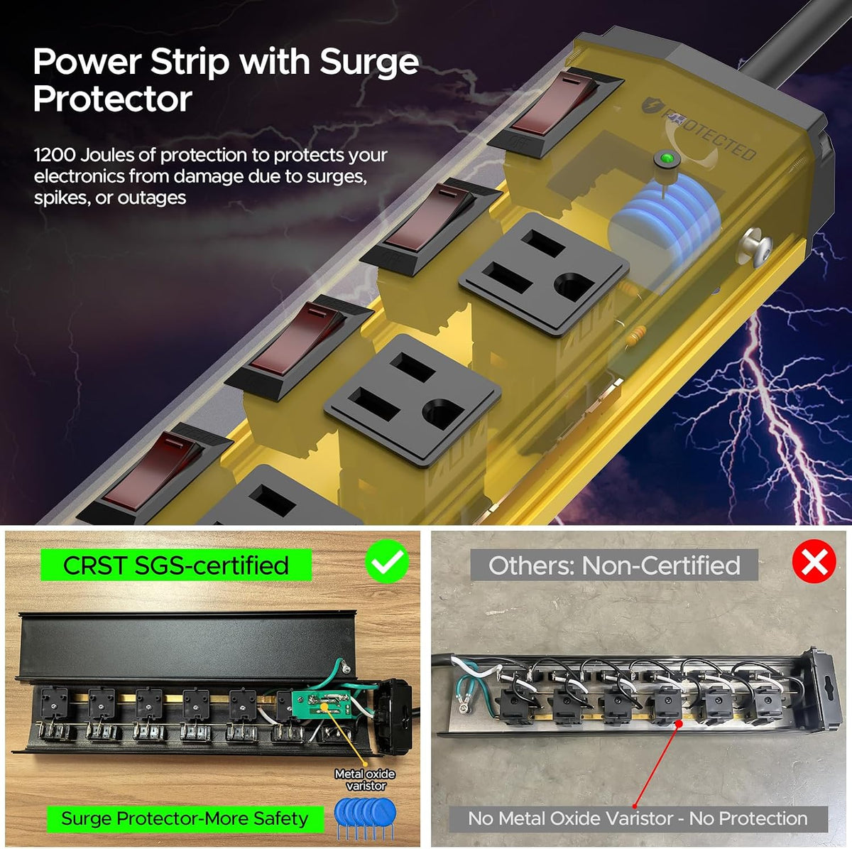 CRST 6-Outlet Metal Power Strip with Individual Switches 15A/1875W, 10FT