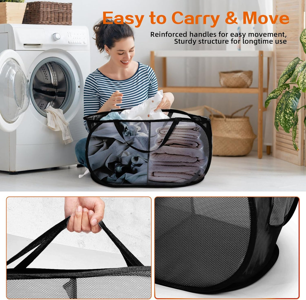 Foldable Laundry Baskets, Collapsible Mesh Laundry Hamper, Durable Pop Up Laundry Basket, 2 Compartments Clothes Hampers for Laundry, Easy to Carry & Sort for Dorm, Home, Kids Room, Travel Black