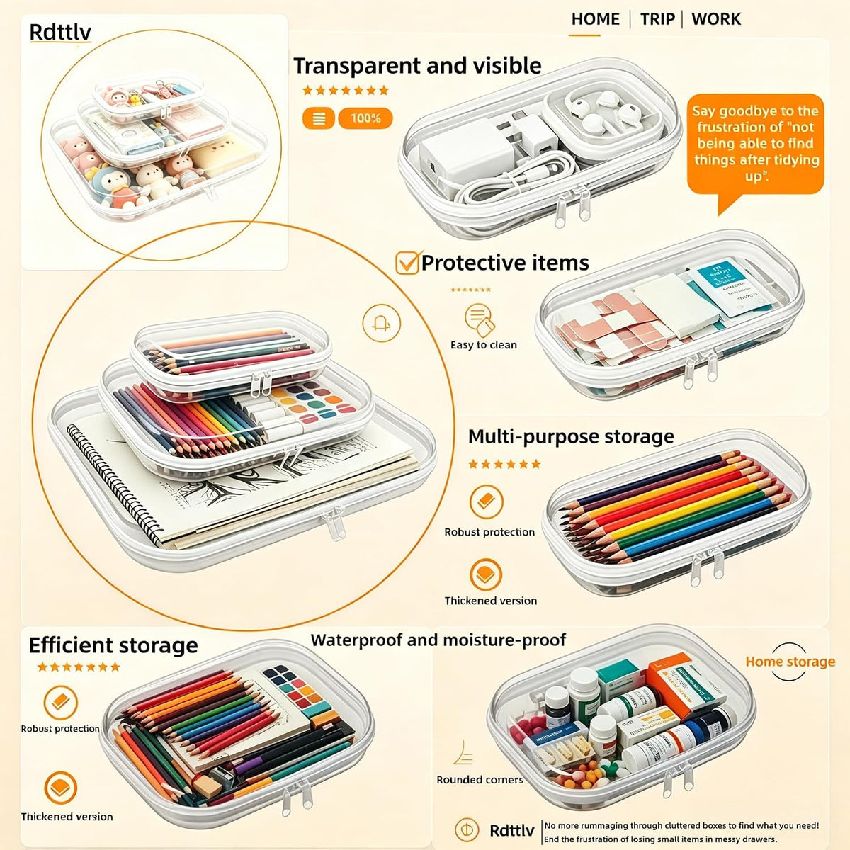 Thickened Clear Hard Shell Zipper Case,Professional-Grade Plastic Clear Zipper Pencil Case, Toiletry Pouch, Travel Organizer, Cosmetic Bag, Toy Storage Bins (2PCS-S)