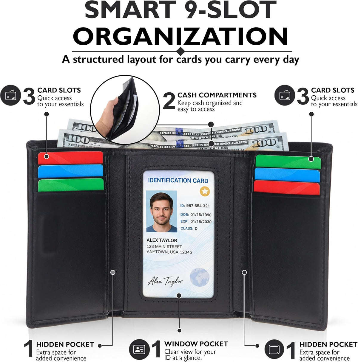 RFID Trifold Wallet for Men Genuine Napa Leather, Magnetic Closure
