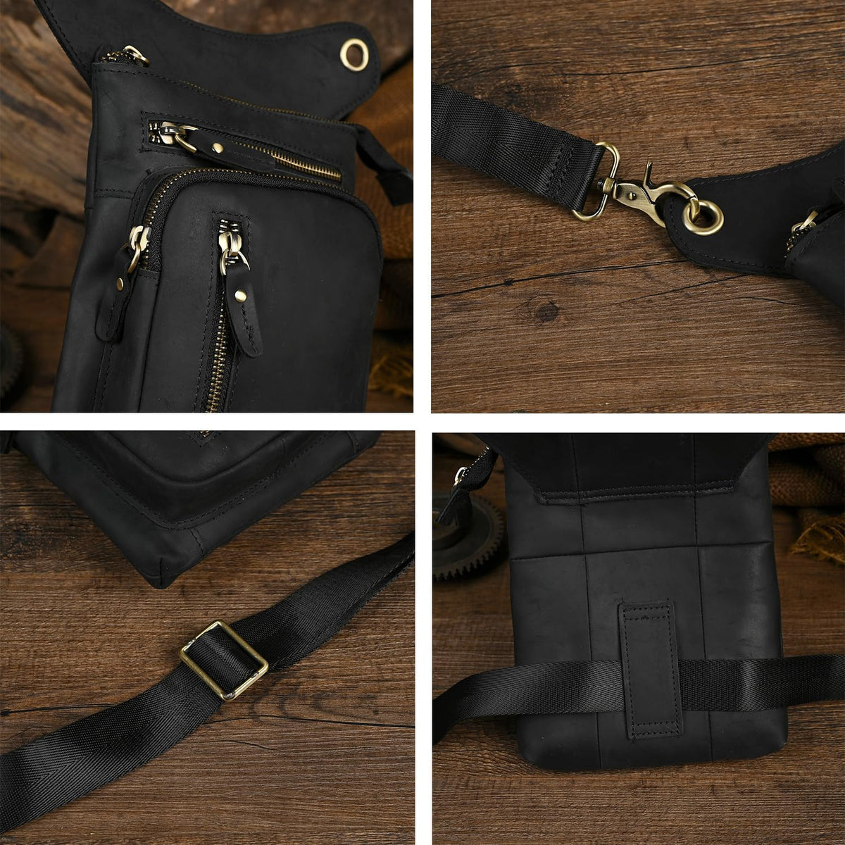 Le'aokuu Mens Genuine Leather Outdoor Sporting Hicking Waist Hip Pack Messenger Shoulder Drop Leg Thigh Bag Pouches For Women G1011 (G1011 Black 2)