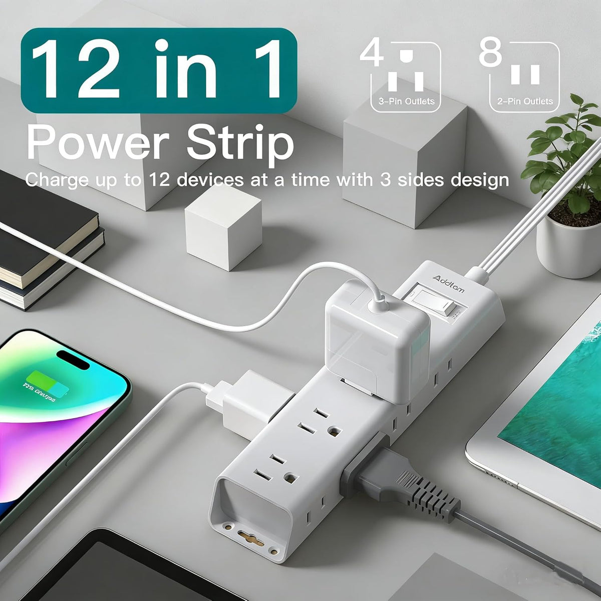 Addtam Short Extension Cord - 1FT Power Strip Surge Protector