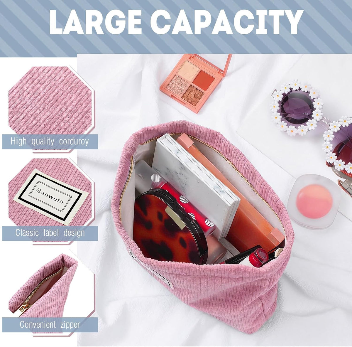 Sanwuta 4 Pcs Velvet Corduroy Makeup Bag, 10x7x2'', Light Color