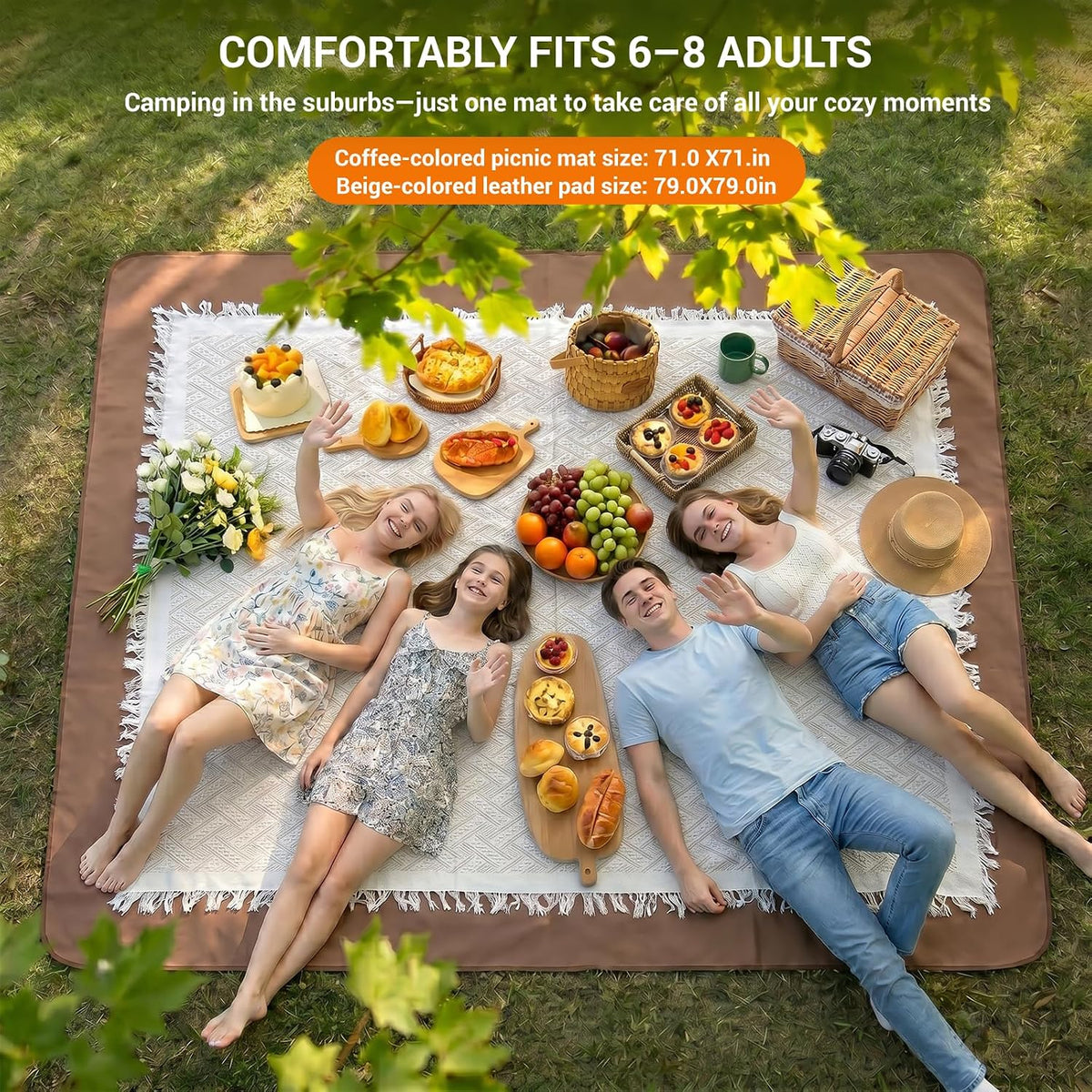 2-in-1 Boho Picnic Blanket, Beige Brown 71×71 Outdoor Waterproof Beach Mat