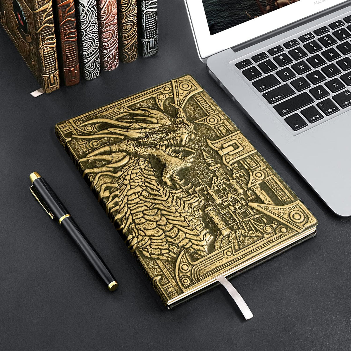 DND Dungeon and Dragon Notebook 3D Embossed Leather Dragon Journal with Black Ballpoint Pen &Pen Sleeve,A5 Vintage Travel Diary D&D Writing Notebook for Hardcover Journal Women&Men (Bronze)