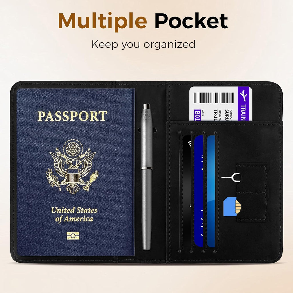 Passport Holder Travel Women Men, Passport Wallet with Airtag Slot, Black