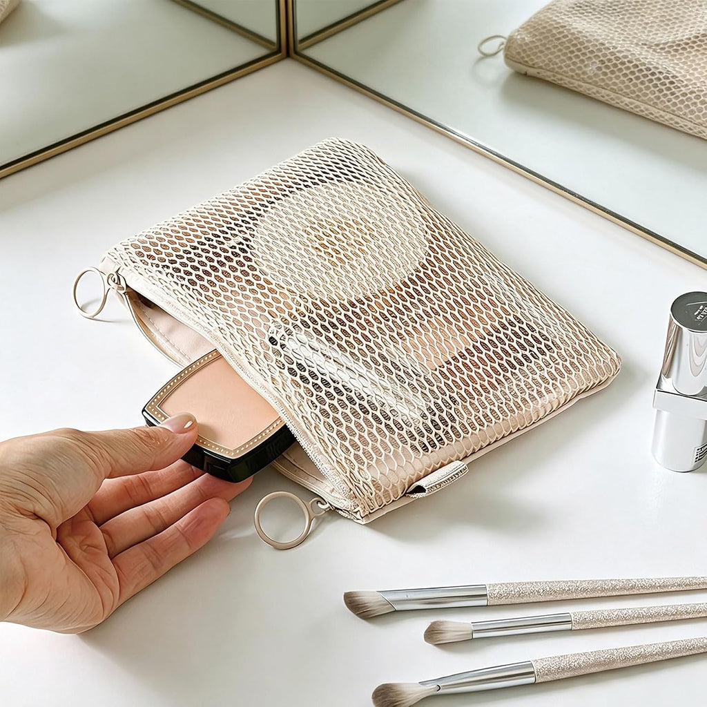 Mesh Makeup Bag Organizer, Large Capacity Travel Make up Pouch Cosmetic Bag for Women, Skincare Pouch, Portable Travel Toiletry Bag Daily Essential Storage Bag for Girls, Medium