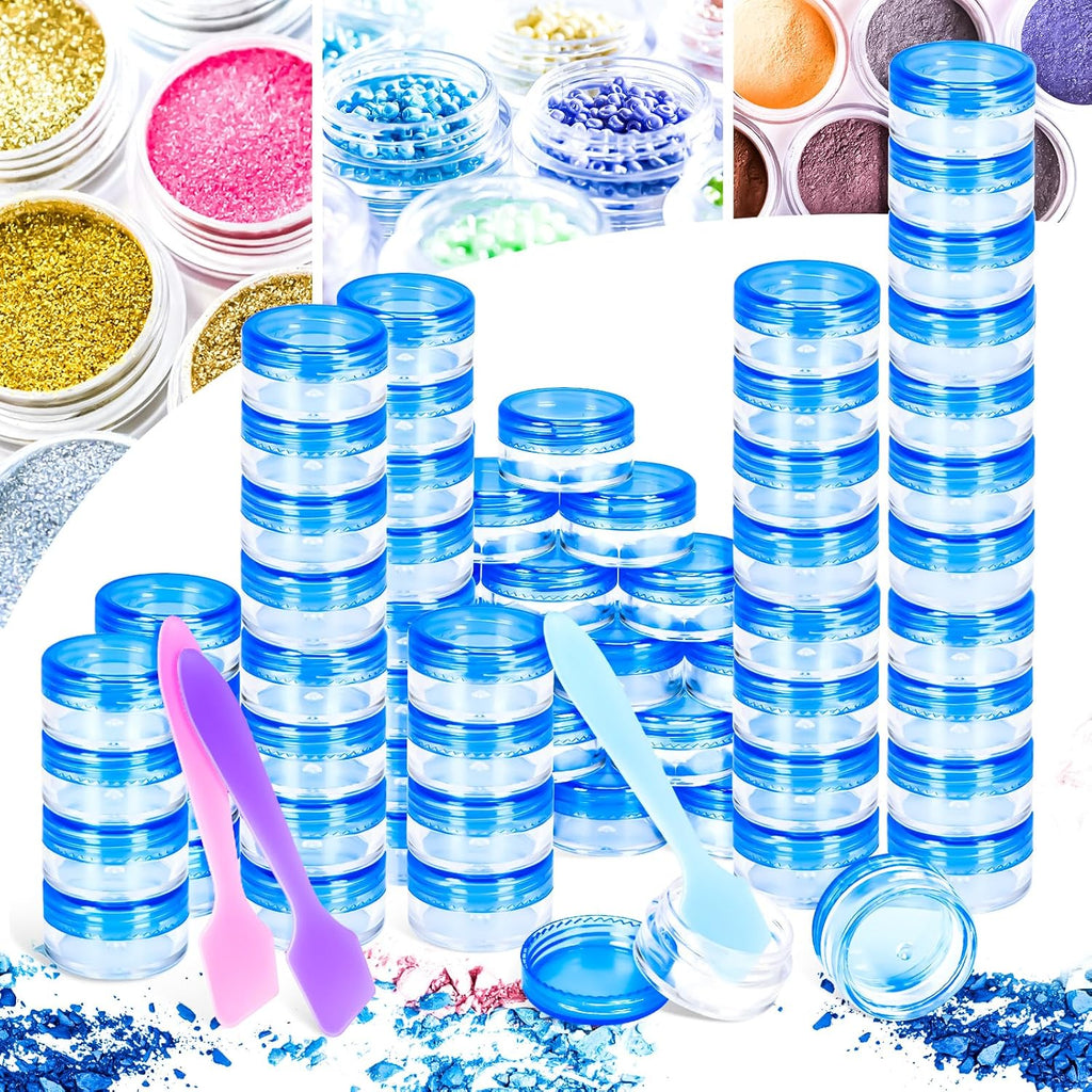 100 Pcs 5g Empty Plastic Containers with Blue Lids,Mini Makeup Sample Containers, Small Sample Pot Jars Round Cosmetic Jars with Mini Spatulas for Liquid Sample Powder Creams Lotions