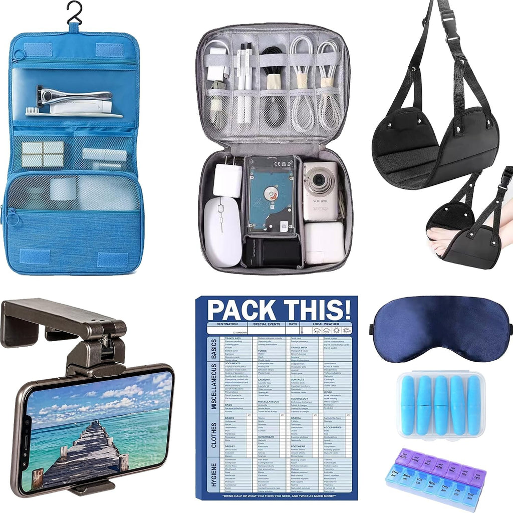 Travel & Flight Kit: Electronics Organizer Travel Case, Hanging Toiletry Bag, 52 Sheets Travel Packing Checklist, Footrest Hammocks, Flight Phone Holder, 5 pairs ear plugs & Weekly Pill Organizer