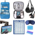 Travel & Flight Kit: Electronics Organizer Travel Case, Hanging Toiletry Bag, 52 Sheets Travel Packing Checklist, Footrest Hammocks, Flight Phone Holder, 5 pairs ear plugs & Weekly Pill Organizer