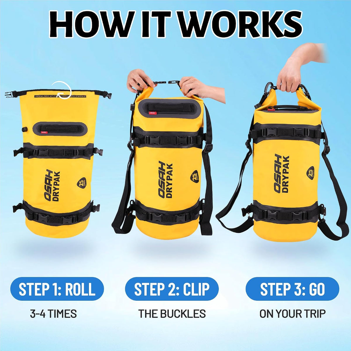 OSAH DRYPAK 25L Waterproof Dry Bag - Motorcycle Luggage Tail Bag with Straps for Back Seat, Roll Top Lightweight Waterproof Backpack Sack for Travel, Swimming, Boating, Kayaking, Camping and Beach