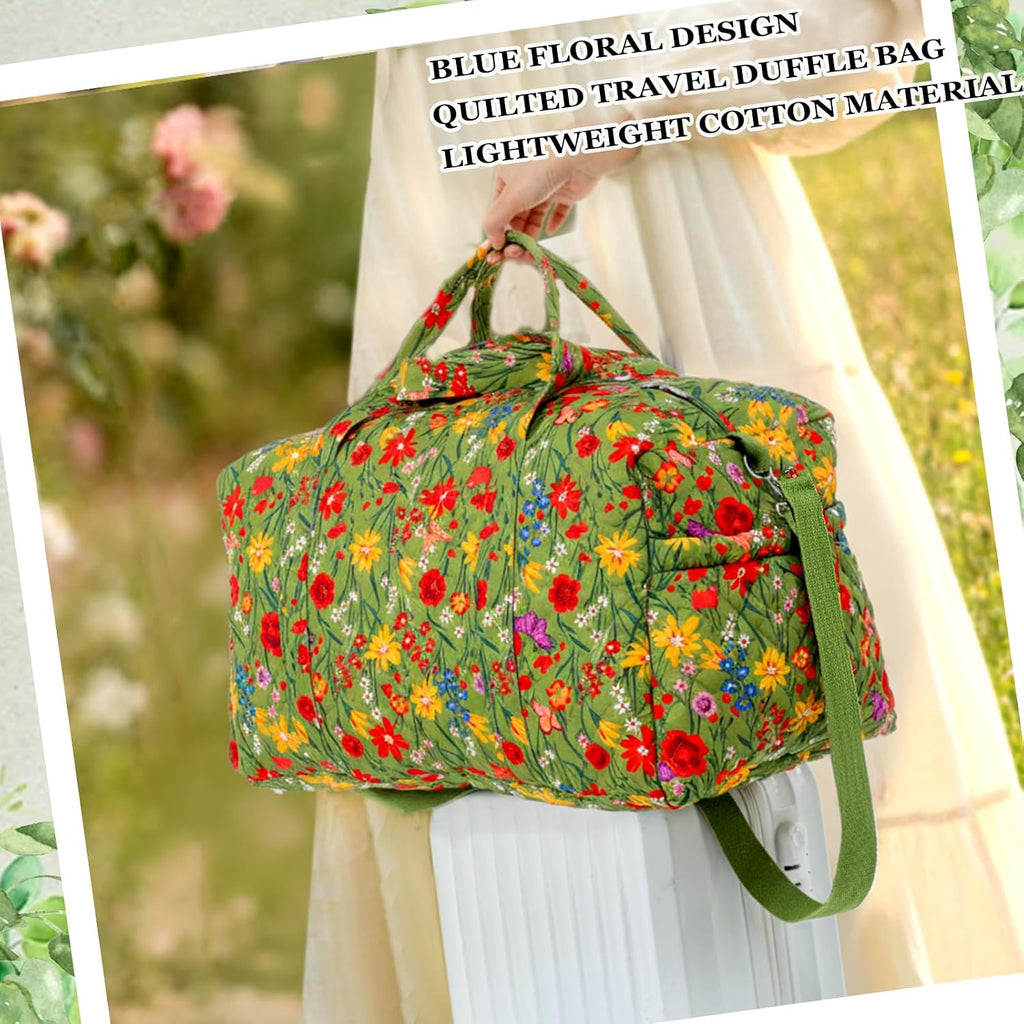 Large Quilted Travel Duffle Bag for Women, Yellow Green Grassland
