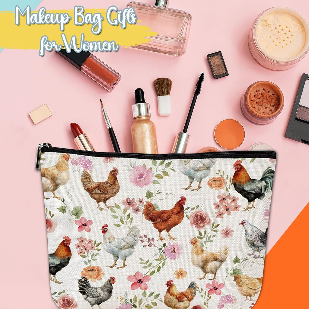 Chicken Lovers Gifts Makeup Bag Floral Chicken Cosmetic Bag with Zippers, Funny Farm Animal Gifts for Daughter Sister Mother Besties Friends Familes Birthday Christmas Valentines Presents