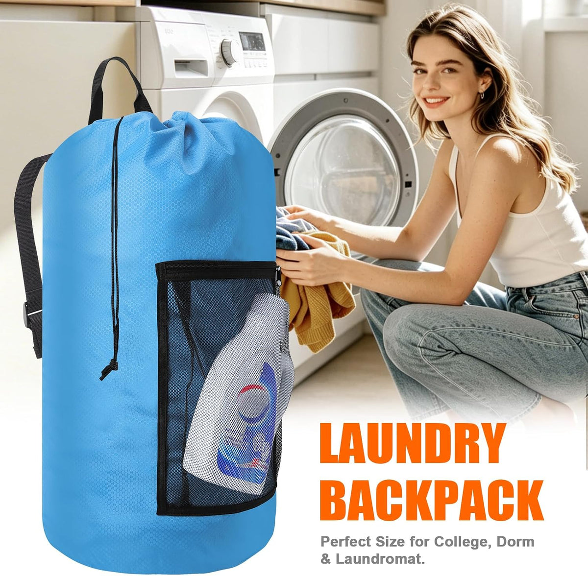 Laundry Backpack Portable Travel Laundry Bags with Straps and Mesh Pocket