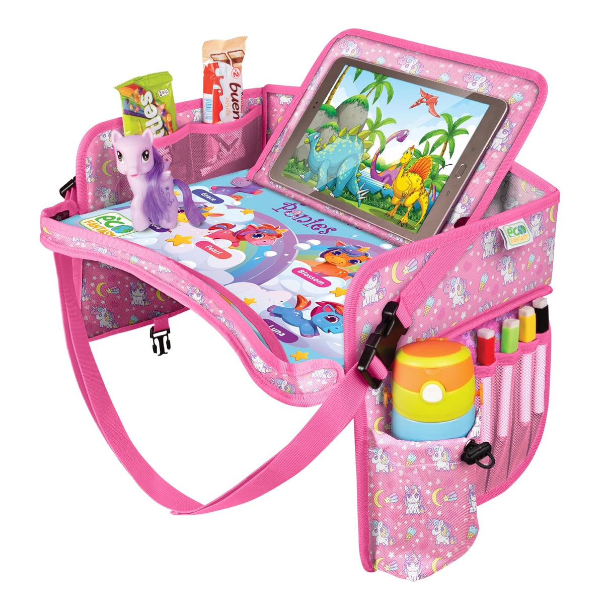 ECOFANTASY Kids Travel Tray - Waterproof Lap Table with No-Drop Large Tablet Holder - Car Seat Tray - Road Trip Essentials Kids - Car Desk Organizer for Airplane - Toddler Travel Essentials (UNICORN)
