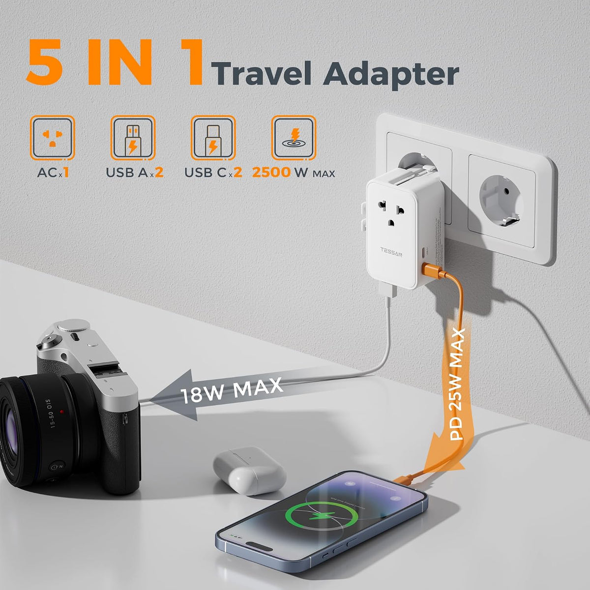 TESSAN Universal Travel Adapter PD 25W, White