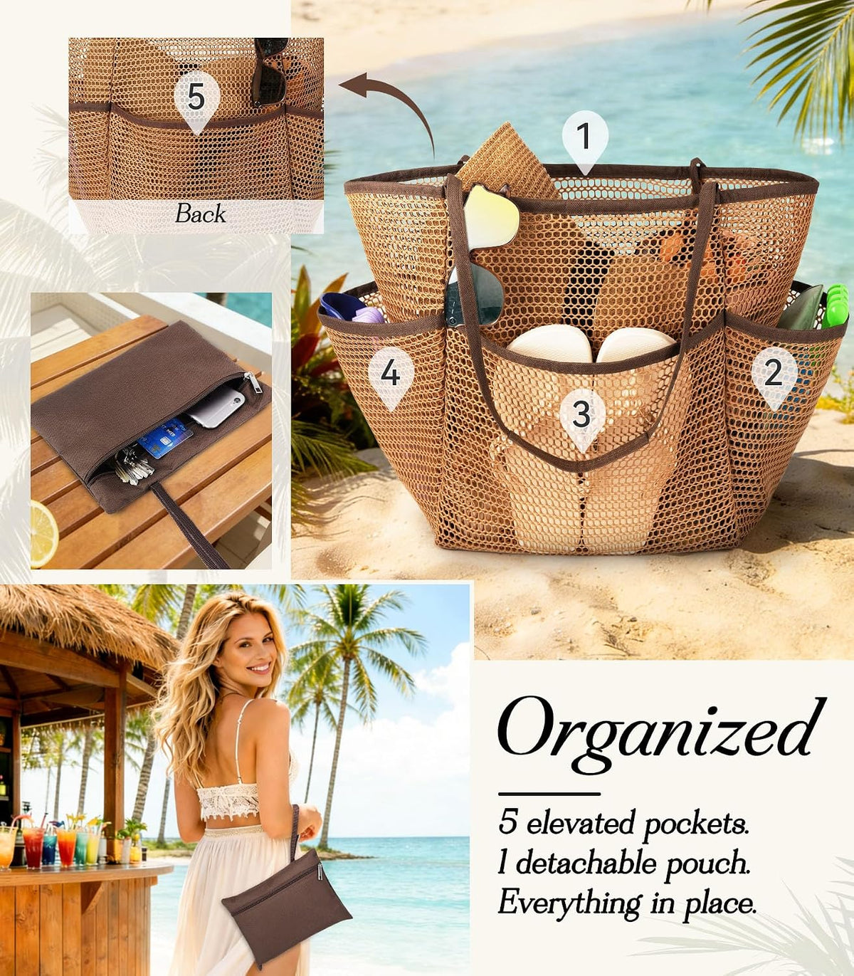 Cruise Essentials Beach Bag for Women, Mesh Tote with Detachable Pouch