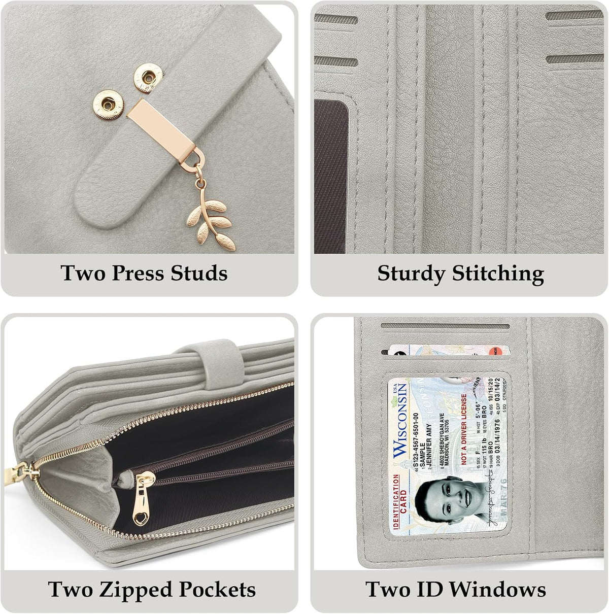RFID Blocking Trifold Wallet for Women PU Leather Credit Card Holder Grey
