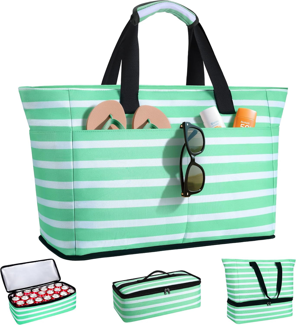 ISEYOU Beach Bag with Cooler, 49L Large Waterproof Sandproof Tote with Zipper, Foldable Travel Bag for Beach, Pool, Picnic