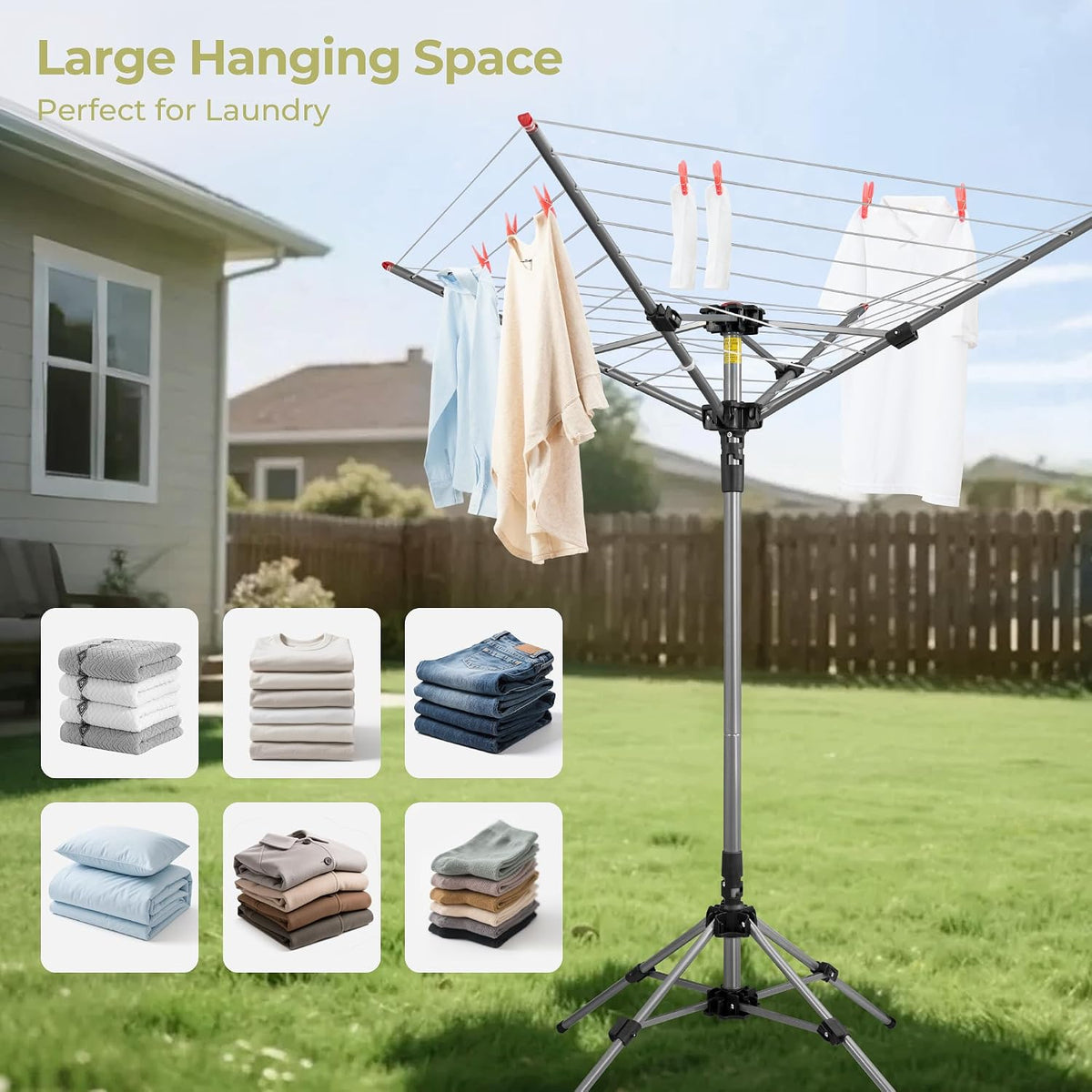 EASI 82 Ft Rotary Clothes Drying Rack with Stable Metal Base, Heavy Duty Stainless Steel Umbrella Clothesline, 360° Rotating Top & Height Adjustable Folding Laundry Rack for Backyard, Camping, RV